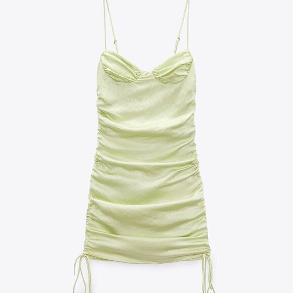 ZARA GREEN RUCHED SATIN EFFECT DRESS - Picture 2 of 16